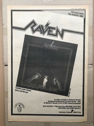 Raven All For One Poster Sized Nwobhm Music Press Advert From 1983 - P
