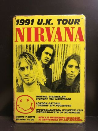 Nirvana Uk Tour 1991 Concert Poster Vintage Retro Style Small Metal Sign 20x30cm
