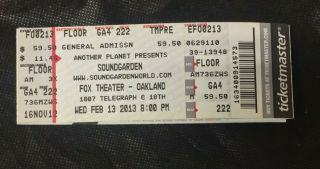 Soundgarden Full Concert Ticket Stub Crease Feb 13 2013 Fox Theater Oakland