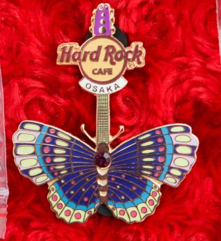 Hard Rock Cafe Pin Osaka Butterfly Gem Stone Guitar Rhinestone Pretty Rainbow