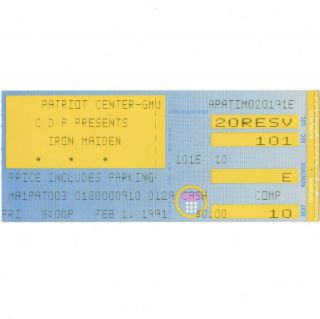 Iron Maiden & Anthrax Concert Ticket Stub Fairfax 2/1/91 No Prayer On The Road