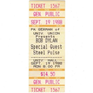 Bob Dylan & Steel Pulse Concert Ticket Stub Charlottesville Va 9/19/88 Rare