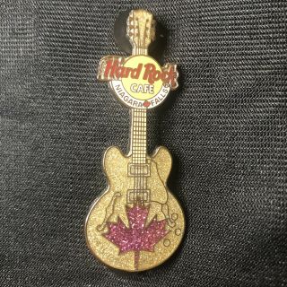 Hard Rock Cafe Niagara Falls Guitar Pin With Pink Silver Glitter Maple Leaf