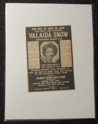 1945 Palomar Theatre Seattle Wash.  Valaida Snow 4x6 " Print Ad Fn 6.  0