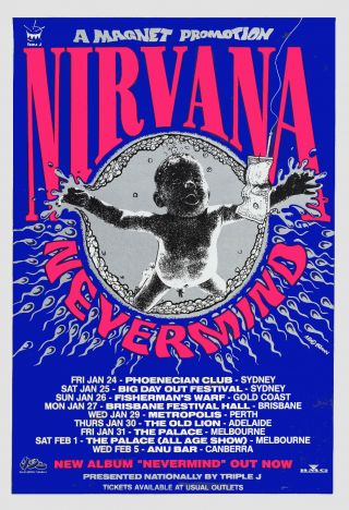 Kurt Cobain & Nirvana Nevermind Australian Tour Poster 1992 13x19 Size