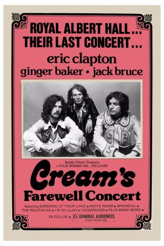 Eric Clapton & Cream Farewell Concert Royal Albert Hall Poster 1969 12x18