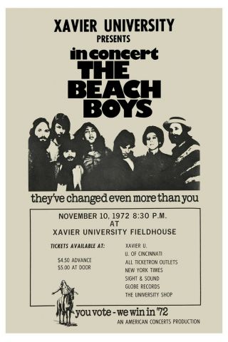 The Beach Boys At Xavier College Concert Poster 1972 12x18