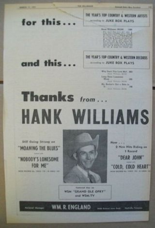 Thanks From Hank Williams 1951 Ad - Top Juke Box Artist