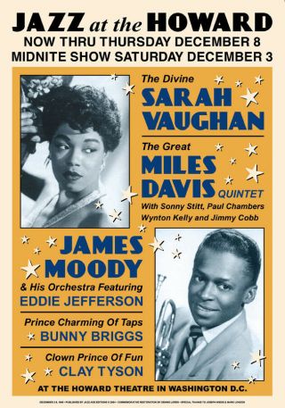 Sarah Vaughan & Miles Davis At The Howard Washington D.  C.  Poster 1960 17x24
