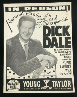 Mid - Century Promo Flyer For Lawrence Welk Show Vocalist - Saxophonist Dick Dale