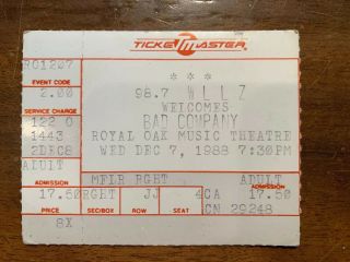 1988 Bad Company Ticket Stub - Royal Oak (mi) Music Theater - Wllz Fm