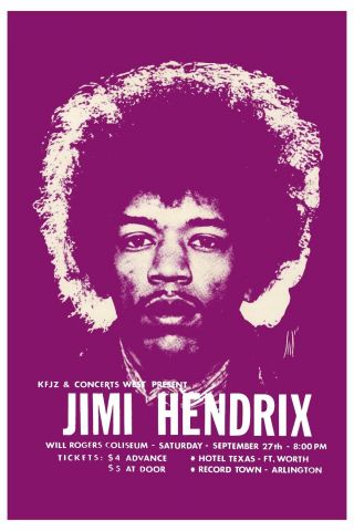 Jimi Hendrix At Fort Worth Texas Concert Poster 1969 2nd Printing