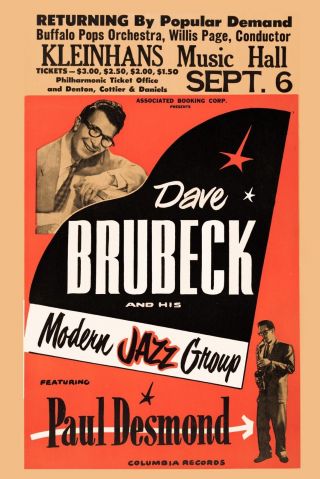 Dave Brubeck At Kleinhans Music Hall In Buffalo Ny Concert Poster 1960 