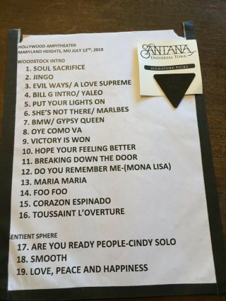 Carlos Santana Signature Black Guitar Pick And Set List From St.  Louis,  Mo 2019