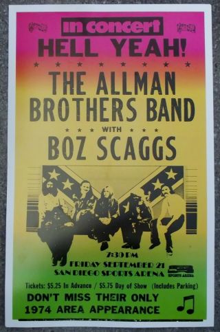 Vintage Allman Brothers Band W/ Boz Scaggs Hell Yeah Concert Poster San Diego