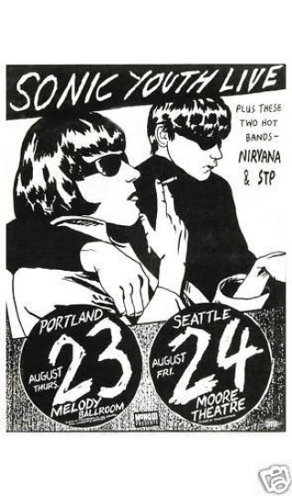 Sonic Youth & Early Nirvana At Seattle Concert Poster Circa Early 1980s