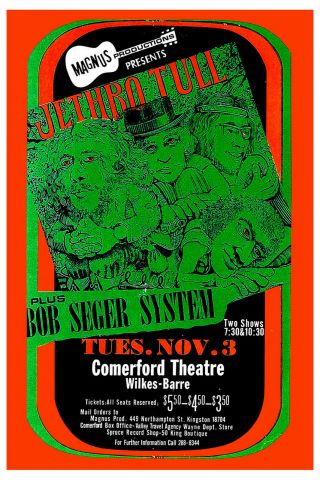 Rock: Jethro Tull & Bob Seger System At Comerford Theatre Concert Poster 1970