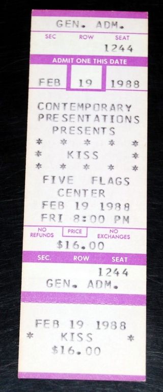 Kiss Band Crazy Nights Concert Tour Feb 1988 Iowa Full Ticket Stub Gene Carr