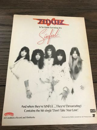 1979 Vintage 8x11 Album Promo Print Ad For Band Angel " Sinful " So Habit Forming