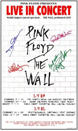 Pink Floyd " The Wall " Tour Box Office Concert Poster All Dates With Signatures