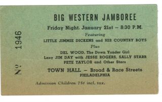 Ultra Rare 1955 Autographed Little Jimmy Dickens Concert Ticket Town Hall Phila