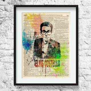 Painting Printed On Dictionary Page - Elvis Costello Poster,  Rock Art