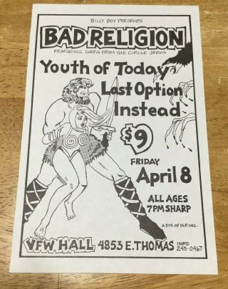Bad Religion Youth Of Today Insted Concert Punk Rock Flyer Handbill 1988 Arizona