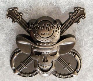 Hard Rock Cafe Nashville 3d Pewter Skull With Crossed Banjos Pin 91517