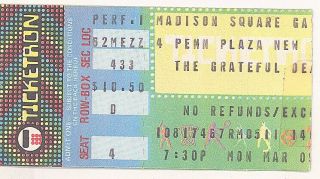 Grateful Dead 3/9/81 York City Ny Madison Square Garden Ticket Stub Nyc