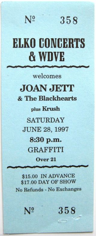 Joan Jett - Rare Concert Ticket,  June 28th 1997 At Graffiti,  Pittsburgh Pa