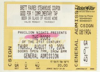 Rare The Doors 819/04 Green Bay Wi Pavilion Nights Ticket Stub