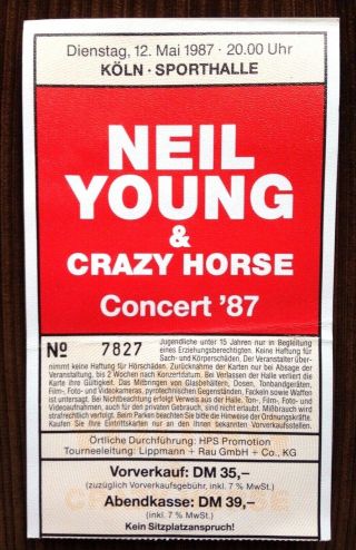 Neil Young Vintage Ticket 1987 Led Zeppelin Jimi Hendrix Pink Floyd Crazy Horse