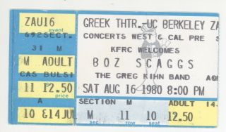 Rare Boz Scaggs Greg Kihn Band 8/16/80 Berkeley Ca Greek Theatre Ticket Stub