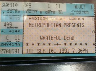 Grateful Dead Mail Order Ticket Stub 09/10/1991 Madison Square Garden Nyc Msg