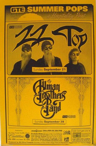 Allman Brothers & Zz Top 1997 San Diego Concert Poster - Blues /classic Rock Music