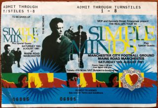 Simple Minds Real Life Tour Manchester City Football Ground 10th Aug 1991 Ticket