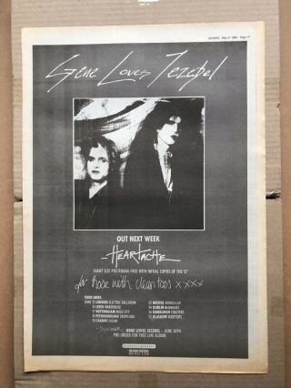 Gene Loves Jezebel Heartache Poster Sized Music Press Advert From 1986