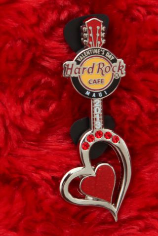 Hard Rock Cafe Pin Maui Valentines Day Heart Guitar Gemstone Logo Lapel Hawaii