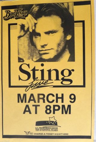 Sting 1997 Austin,  Texas Concert Tour Poster - The Police,  Wave Music