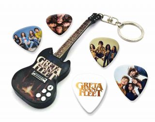 Greta Van Fleet Mini Guitar Keyring & Matching Guitar Plectrums (wkc) Key Chain