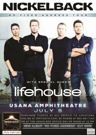 Nickelback /lifehouse " No Fixed Address Tour " 2015 Salt Lake City Concert Poster