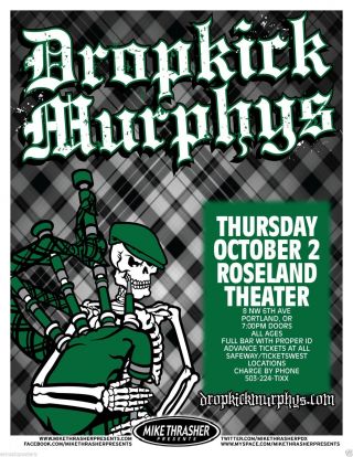 Dropkick Murphys 2014 Portland Concert Tour Poster - Skeleton Playing A Bagpipe