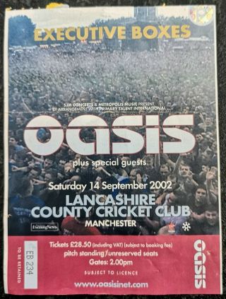 Oasis Lancashire County Cricket Club Sept 2002 Ticket Stub,  Noel,  Liam Gallagher