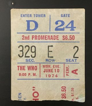 The Who June 10,  1974 Madison Square Garden Concert Ticket Stub
