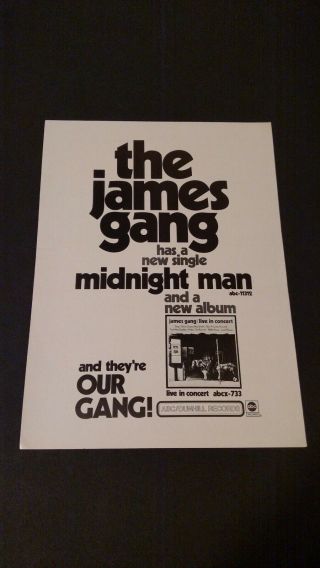 The James Gang " Midnight Man " 1971 Rare Print Promo Poster Ad
