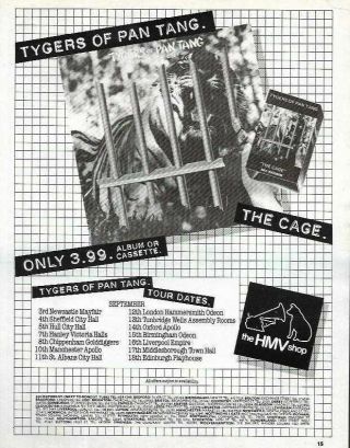 (tjkb3) Poster/advert 11x8 " Tygers Of Pan Tang; The Cage Album & Tour Dates