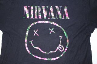 Nirvana 90s Grunge Punk Rock Band Smiley Face Shirt Flowers Floral Black Pink