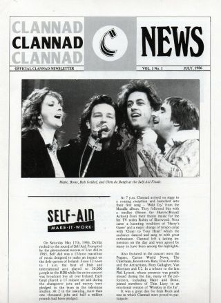 Clannad News July 1986 Vintage Fully Dated,  Bono Self Aid Article Exceptional