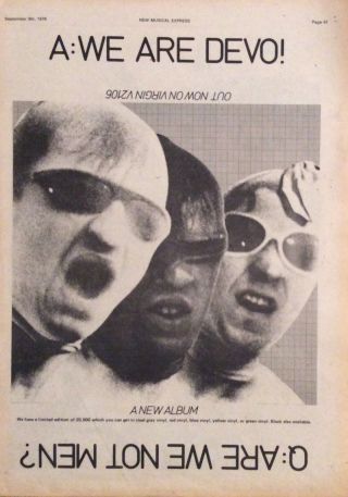 Devo - Rare Poster Advert - Are We Not Men? - 9/08/78 - Version 2