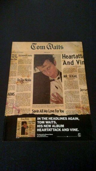 Tom Waits " Heartattack & Vine " (1980) Rare Print Promo Poster Ad